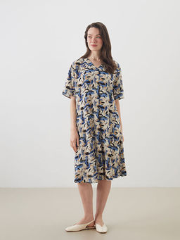 V Yaka Desenli A Kesim Elbise