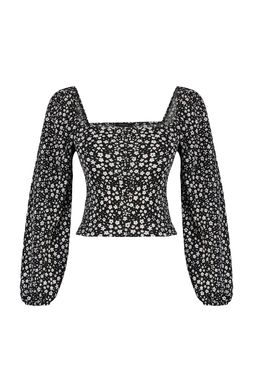 Trendyolmilla Siyah Cicek Desenli Fitted/Vucuda Oturan Kare Yaka Burumcuk/Dokulu Orme Bluz TWOAW22BZ0254 фото 6