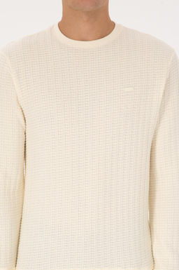 Erkek Regular Fit Bisiklet Yaka Desenli Krem Sweatshirt