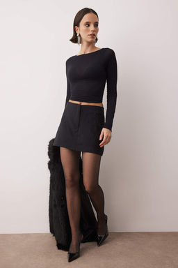 Siyah Dusuk Bel Tas Bask?l? Dokuma Etek Gorunumlu Sort & Bermuda TPRAW26SR00002 - Trendyolmilla фото 5