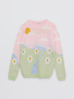 Bisiklet Yaka Desenli Uzun Kollu K?z ?ocuk Triko Kazak