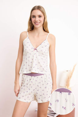 Ekru %100 Pamuklu Cicek Desenli Lastik Detayl? Fitilli/Pointel Orme Pijama Tak?m? THMSS26PT00081