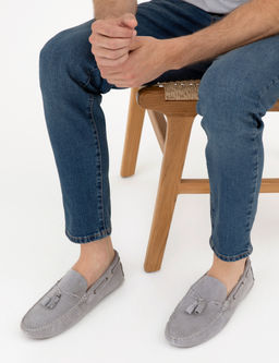 Gri %100 Deri Loafer Ayakkab_