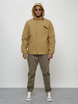 Куртка спортивная мужская весенняя с капюшоном бежевого цвета 88021B