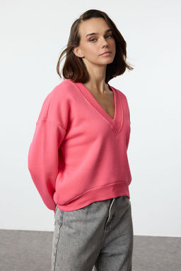 Trendyolmilla Pembe Basic Regular/Normal Kal?p V yaka Kal?n Ici Polarl? Orme Sweatshirt TWOAW25SW00214