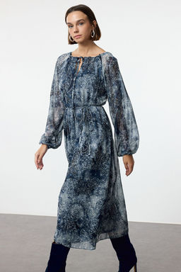 Lacivert Kusakl? Cicekli A Kesim Midi Astarl? Dokuma K?sl?k Elbise TWOAW25EL00498 - Trendyolmilla фото 2