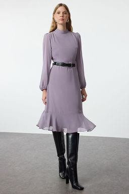 TRENDYOLMILLA Camel Dik Yakal? Etegi Volanl? Sifon Dokuma K?sl?k Elbise TWOAW20EL1313