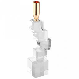 Подсвечник стеклянный "Кубизм" h28,5см, чаша металл д2,4см, h2см, отвинчивающаяся, основание 5,8х5,8см, прозрачный/золотой, в коробке (Китай)
