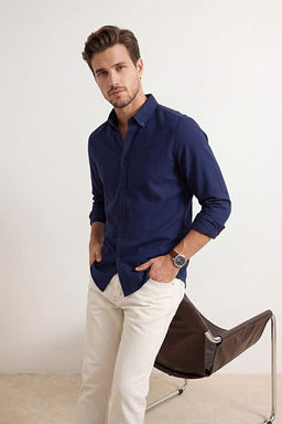 Lacivert Normal Kal_p/Regular Fit %100 Pamuk Yazl_k Erkek Dokuma G_mlek TMNSS26GO00023