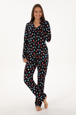 Kad_n Lacivert Pijama Tak_m_ Sepette S_rpriz _ndirim