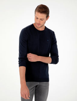 Lacivert Slim Fit Bisiklet Yaka Basic Triko Kazak