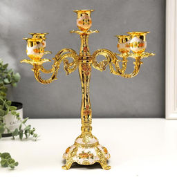 Металлический подсвечник на 5 свечей «Канделябр. Розы. Белая эмаль», золото, 32×30×30 см