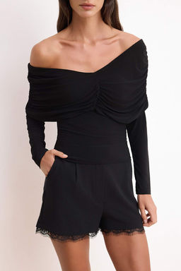 Siyah Fitted/Vucuda Oturan Carmen Yaka Buzgu Detayl? Uzun Kol Orme Bluz TWOSS26BZ00694 - Trendyolmilla фото 3