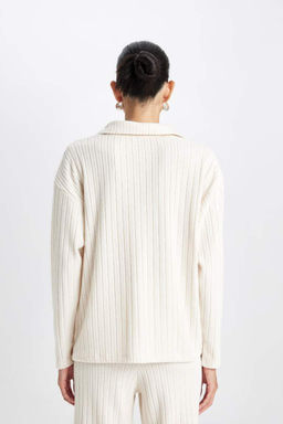 Женская повседневная футболка с воротником-поло в рубчик и длинными рукавами - Defacto фото 6