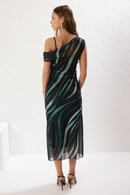 Cok Renkli Soyut Bask?l? Buzgu / Drape Midi Tul Vucuda Oturan Esnek Orme Elbise TWOSS25EL00104