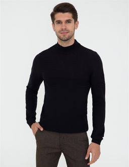 Lacivert Slim Fit Yar_m Bal_k__ Yaka Triko Kazak