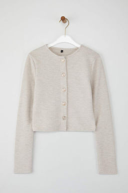 Bej Fitted/Vucuda Oturan Crop Dugme Detayl? F?rcal? Pointel Esnek Orme Bluz TWOAW26BZ00113