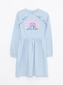 Bisiklet Yaka Bask?l? Uzun Kollu K?z ?ocuk Elbise