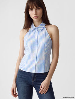 G?mlek Yaka Halter Kesim %100 Pamuklu Bluz