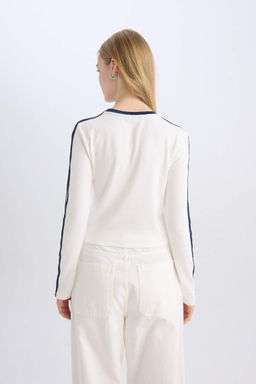 Женская белая классная футболка в рубчик с длинным рукавом с принтом - Defacto фото 6