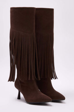 Koyu Kahverengi Suet Puskul Detayl? Topuklu Kad?n Cizme TAKAW26CZ00018 - Trendyolmilla фото 3