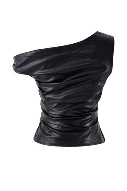 Siyah Asimetrik Yaka Kolsuz Orme Suni Deri Party Bluz TPRSS26BZ00012