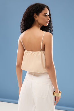 Trendyolmilla Bej Kare Yaka Ask?l? Balon Crop Dokuma Bluz TWOSS25BZ00057  фото 5