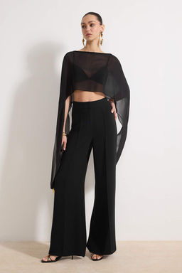 Siyah Asimetrik Kesim Astars?z Sifon Pelerin Party Bluz TPRSS26BZ00055