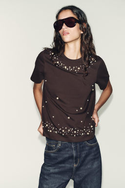 SHORT SLEEVE FAUX PEARL T-SHIRT - Zara фото 2