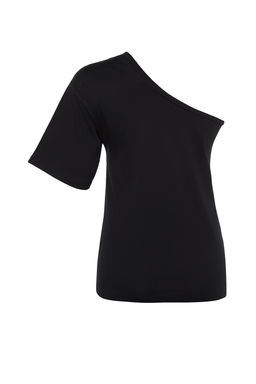 TRENDYOLMILLA Siyah Asimetrik Yaka %100 Pamuk Tek Kol Regular/Normal Kal?p Basic Orme T-Shirt TWOSS23TS00379 фото 6