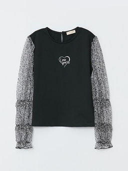 Bisiklet Yaka Bask?l? Uzun Kollu K?z ?ocuk Sweatshirt