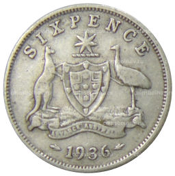 Монета 6 пенсов 1936 года Австралия