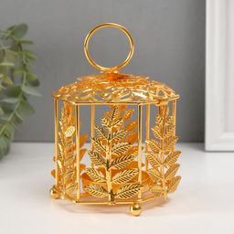 Металлический подсвечник-фонарь на 1 свечу Цветок и веточки, золото, d=5.5 см, 9.8?10.5?14 см