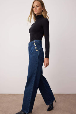 Koyu Mavi Dugme Detayl? Yuksek Bel Wide Leg Jeans TWOAW26JE00039 - Trendyolmilla фото 2