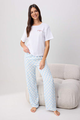 Ekru-Mavi %100 Pamuklu Bask_l_ ve Ekoseli _rme Pijama Tak_m_ THMSS26PT00097 - Trendyolmilla фото 2