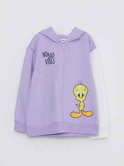 Kap??onlu Tweety Bask?l? Uzun Kollu K?z ?ocuk Fermuarl? Sweatshirt