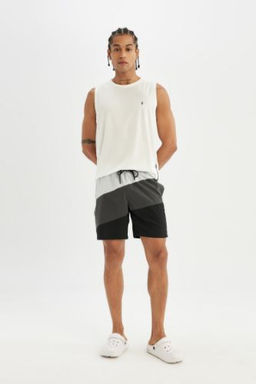 DeFactoFit Regular Fit Bask?l? Esnek Dokulu K?sa Boy Deniz Sortu