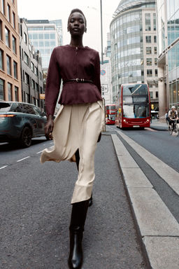 BELTED FAUX SUEDE PEPLUM JACKET