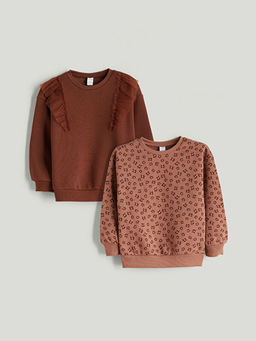 Bisiklet Yaka ?i?ekli K?z ?ocuk Sweatshirt 2li