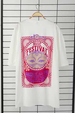 TRENDYOL MAN Buyuk Beden Ekru Unisex Oversize/Genis Kesim Etnik S?rt Bask?l? %100 Pamuk T-shirt TMNSS25BF00019 - Trendyolmilla фото 3