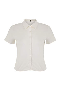 Wardrobe Essentials-Ekru Fitted/Vucuda Oturan Dugmeli K?sa Kollu Crop Esnek Orme Bluz TWOSS26BZ00272