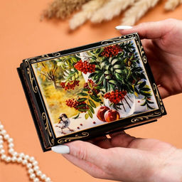 Шкатулка для украшений «Рябина на окне», 10×14 см, лаковая миниатюра