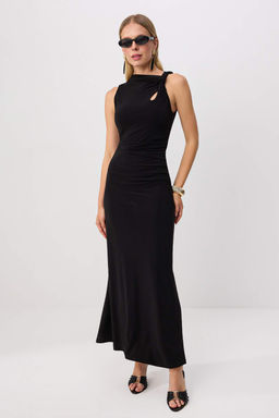 Siyah Asimetrik Yaka Bodycone/V_cudu Saran Maxi Elbise TPRSS26EL00295