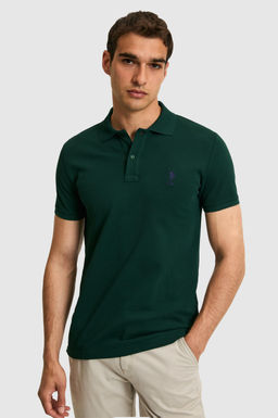 Erkek Slim Fit Polo Yaka Koyu Ye_il Basic Ti__rt