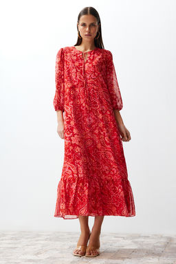 Pembe Sal Desenli Duz Kesim Maxi Astarl? Sifon Dokuma Elbise TWOSS24EL00639