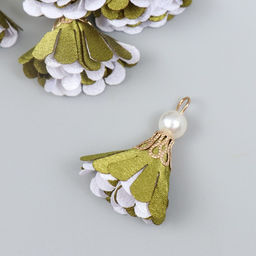 Декор текстиль Цветок 2 с жемчужиной. Оливковый и белый, набор 6 шт., 3 см