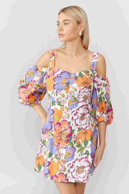 Льняное платье мини на бретелях с объемным рукавом и расклешенной юбкой в принте Цветы винтаж - Serginnetti фото 8