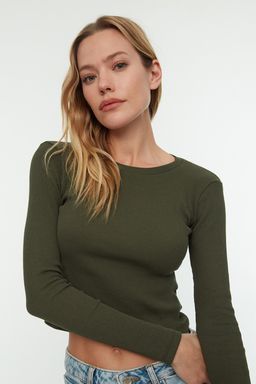 Siyah-Haki 2li Paket Fitted/Vucuda Oturan Bisiklet Yaka Crop Fitilli Esnek Orme Bluz TWOAW22BZ0331