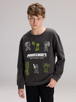 Bisiklet Yaka Minecraft Bask?l? Erkek ?ocuk Sweatshirt