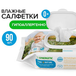2 упаковки! Детские влажные салфетки 0+ SYNERGETIC Pure&Nature "Пантенол и овсяное молочко", 90 шт